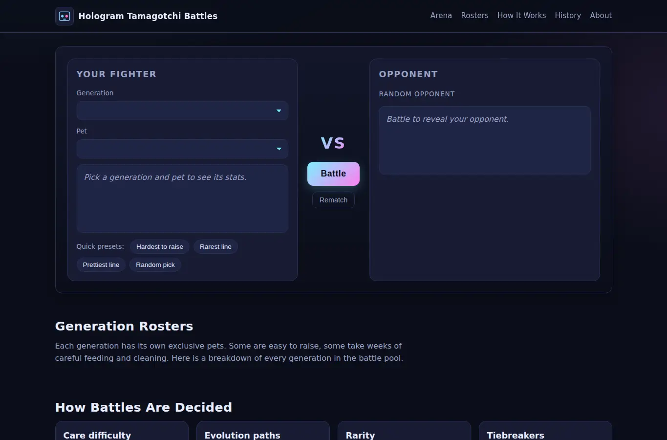 Screenshot of Hologram Tamagotchi Battles interface showing the project page in use